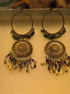 Gold-Tone Boho Medallion Hoop Earrings with Green and Multicolor Beads